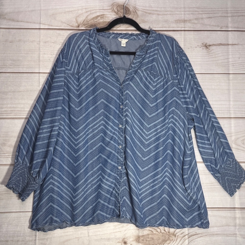Cato Blue Chevron Button Front Blouse Smocked Cuffs Plus Size 22/24W
